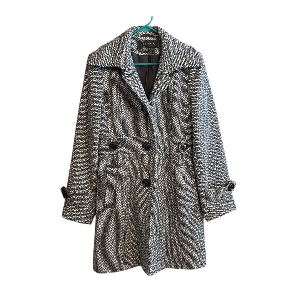 Giacca Women's Wool Blend Tweed Button Front Coat Mid Length Jacket Size M